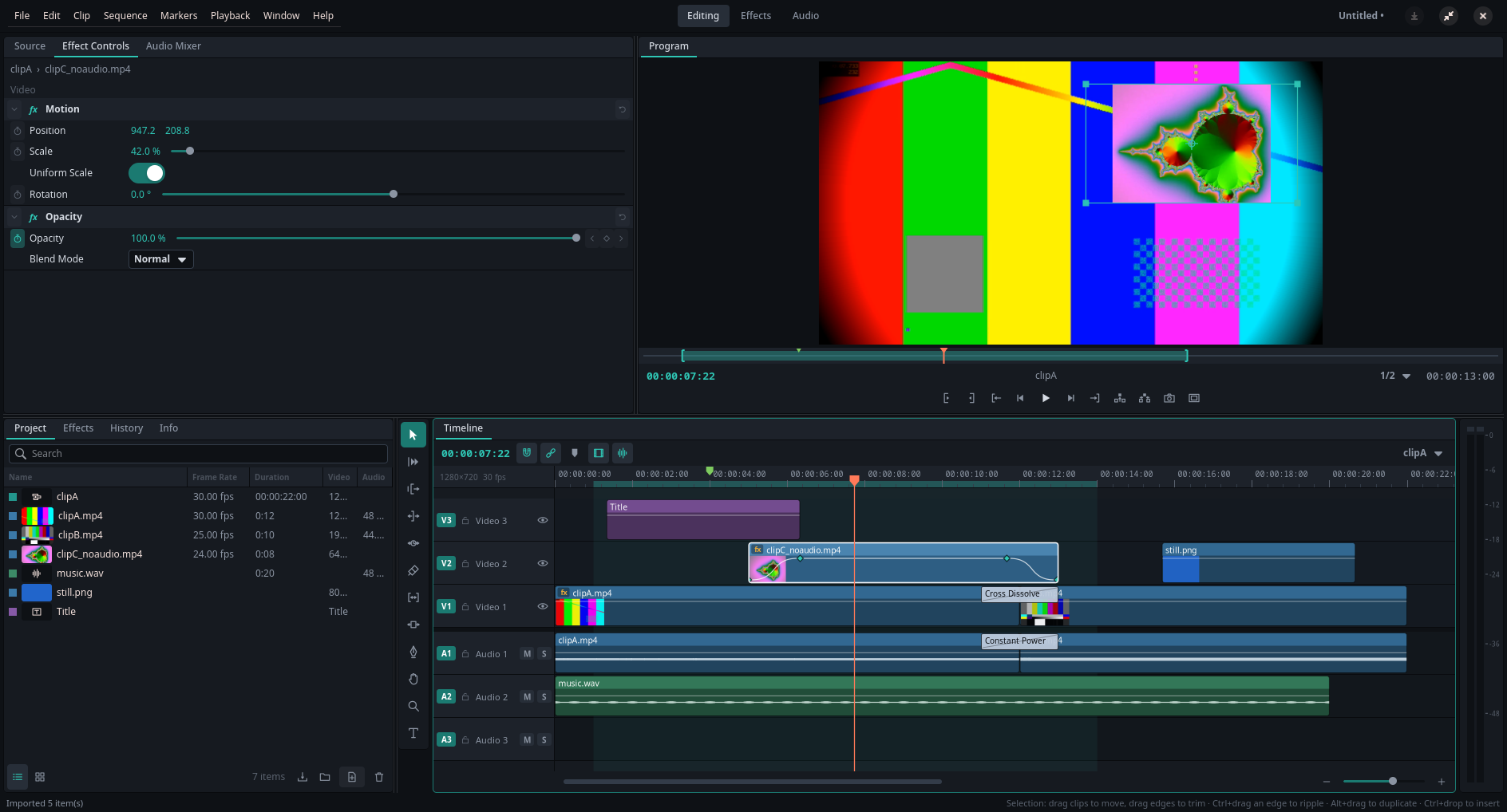Tideline's editing workspace: source and program monitors above, project panel and a multitrack timeline below